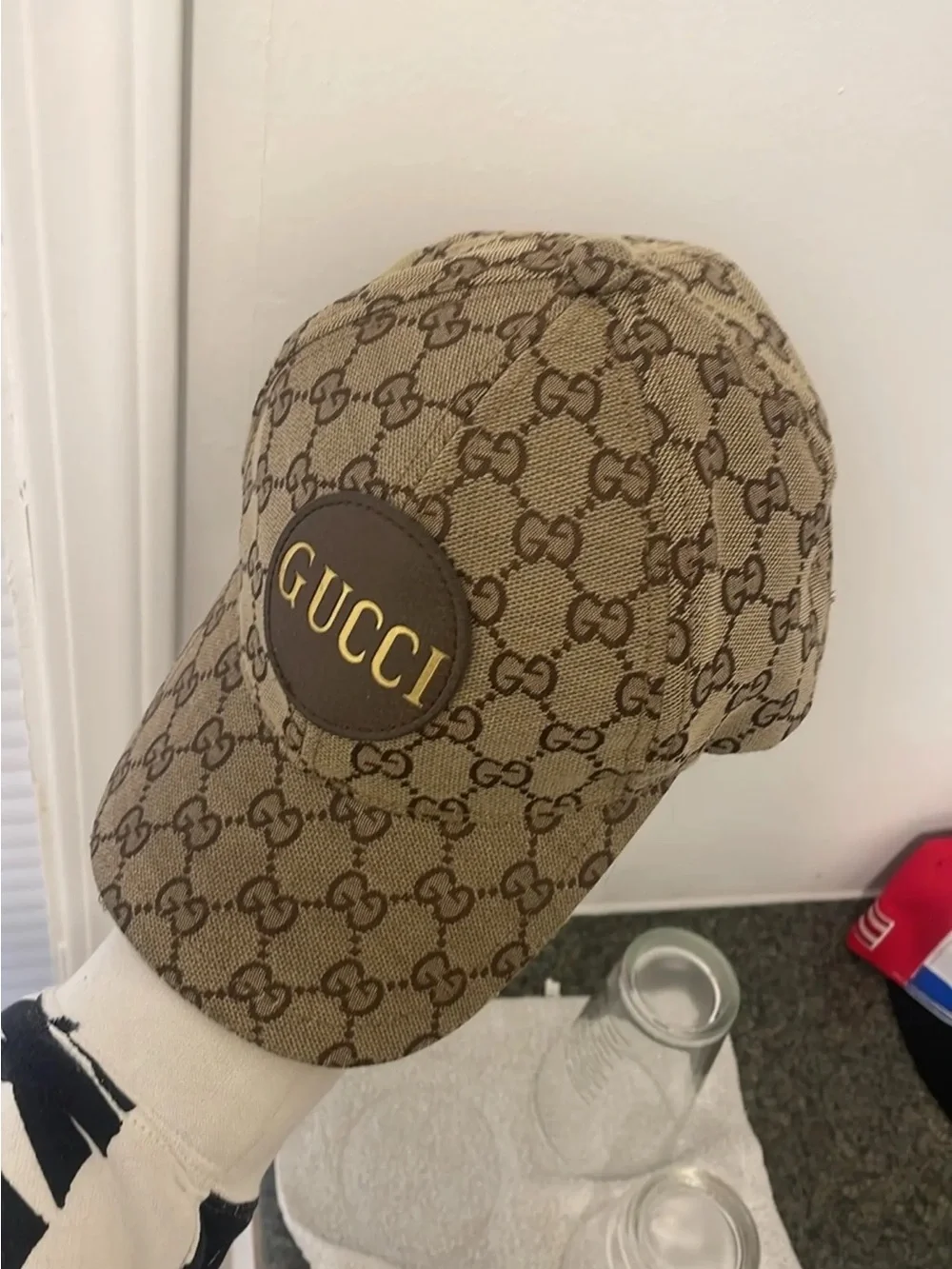 Gucci Beige/Brown GG Monogram Baseball Cap with Leather Patch